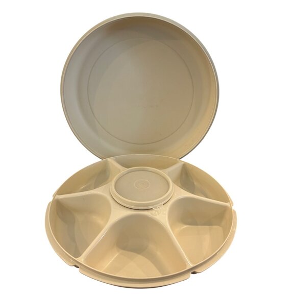vintage Tupperware Round Relish Tray Beige 14-Inch Divided Serving Platter With - Picture 6 of 8